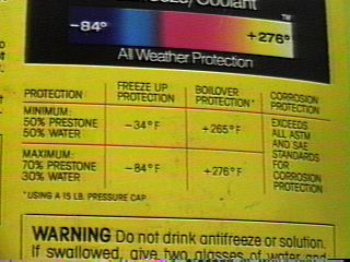 Antifreeze label showing higher boiling points.